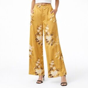 Rachel Roy NEW Gold Floral Satin Wide Leg Pants High Rise Flowy Boho Vacation S
